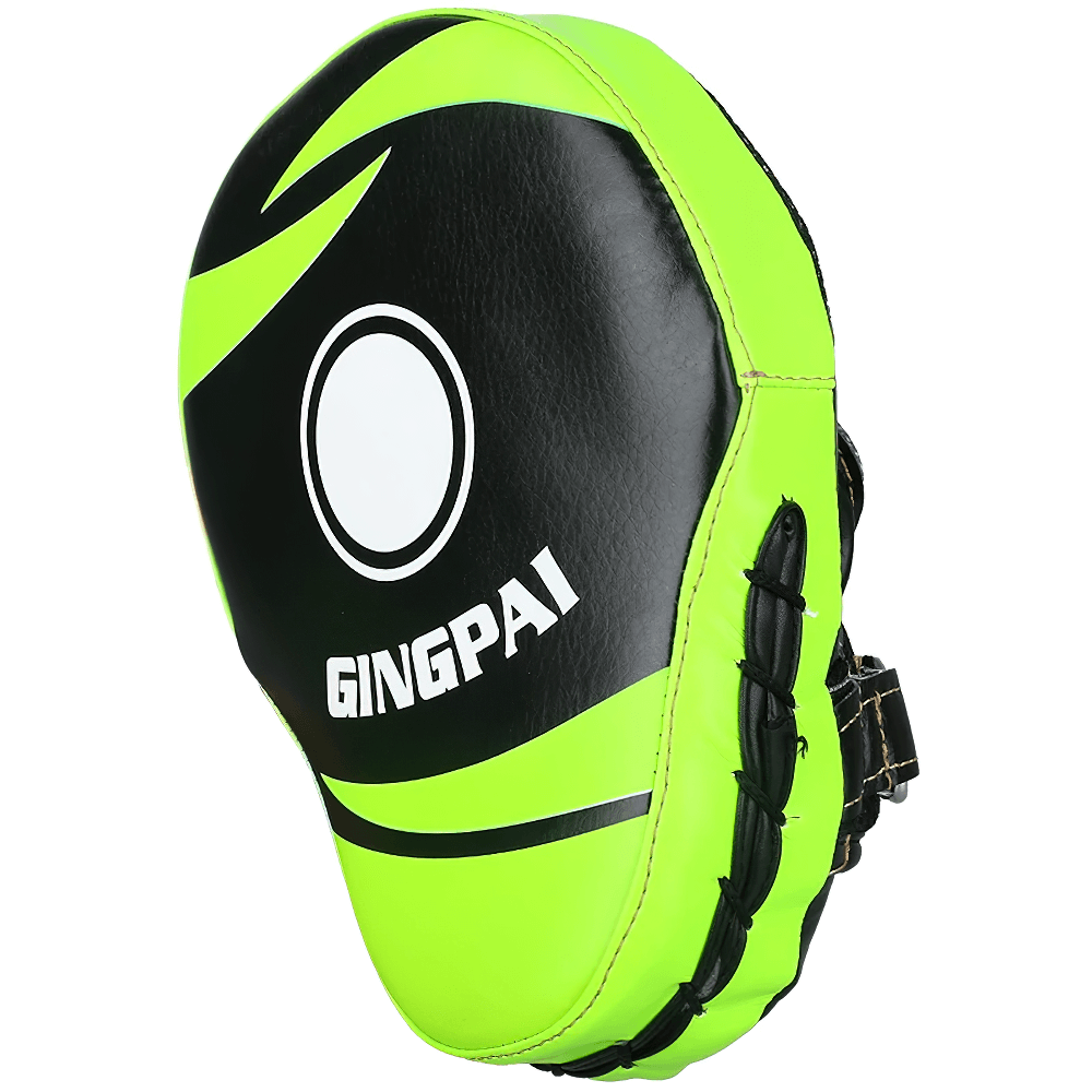 Curved boxing focus mitt in neon green and black, ideal for precision training and impact absorption with secure wrist strap and PU leather.