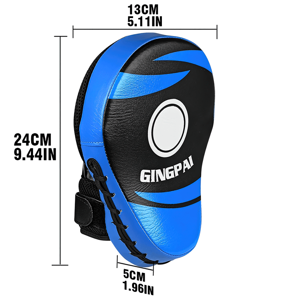 Curved PU leather boxing focus mitt with wrist strap in blue and black for sparring and training, dimensions included.