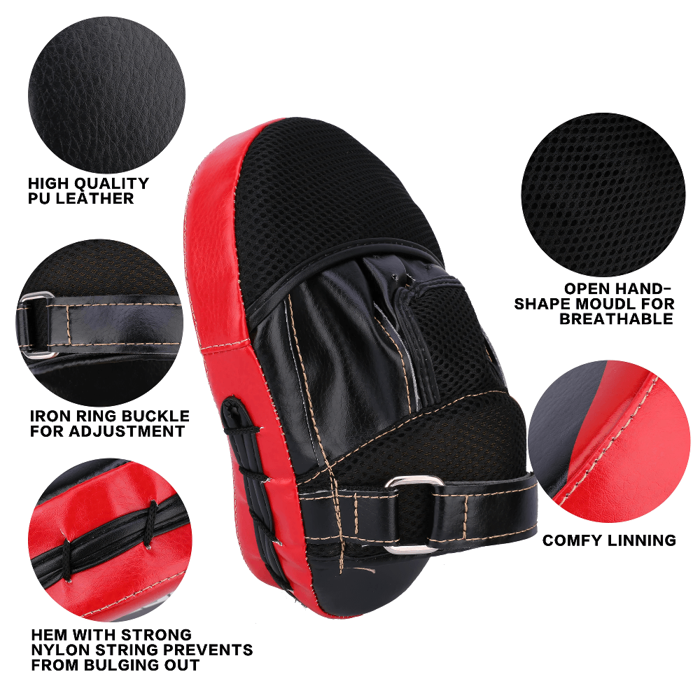 Curved boxing focus mitt with PU leather, breathable open-hand design, and secure wrist strap for sparring and training.