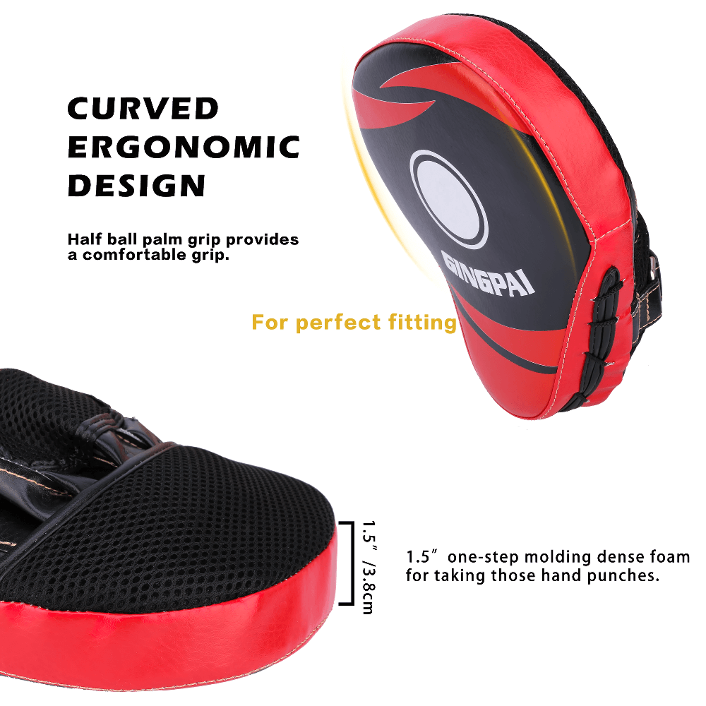 Red and black curved boxing focus mitt with PU leather, iron buckle strap, ergonomic design, and breathable back for punch training.