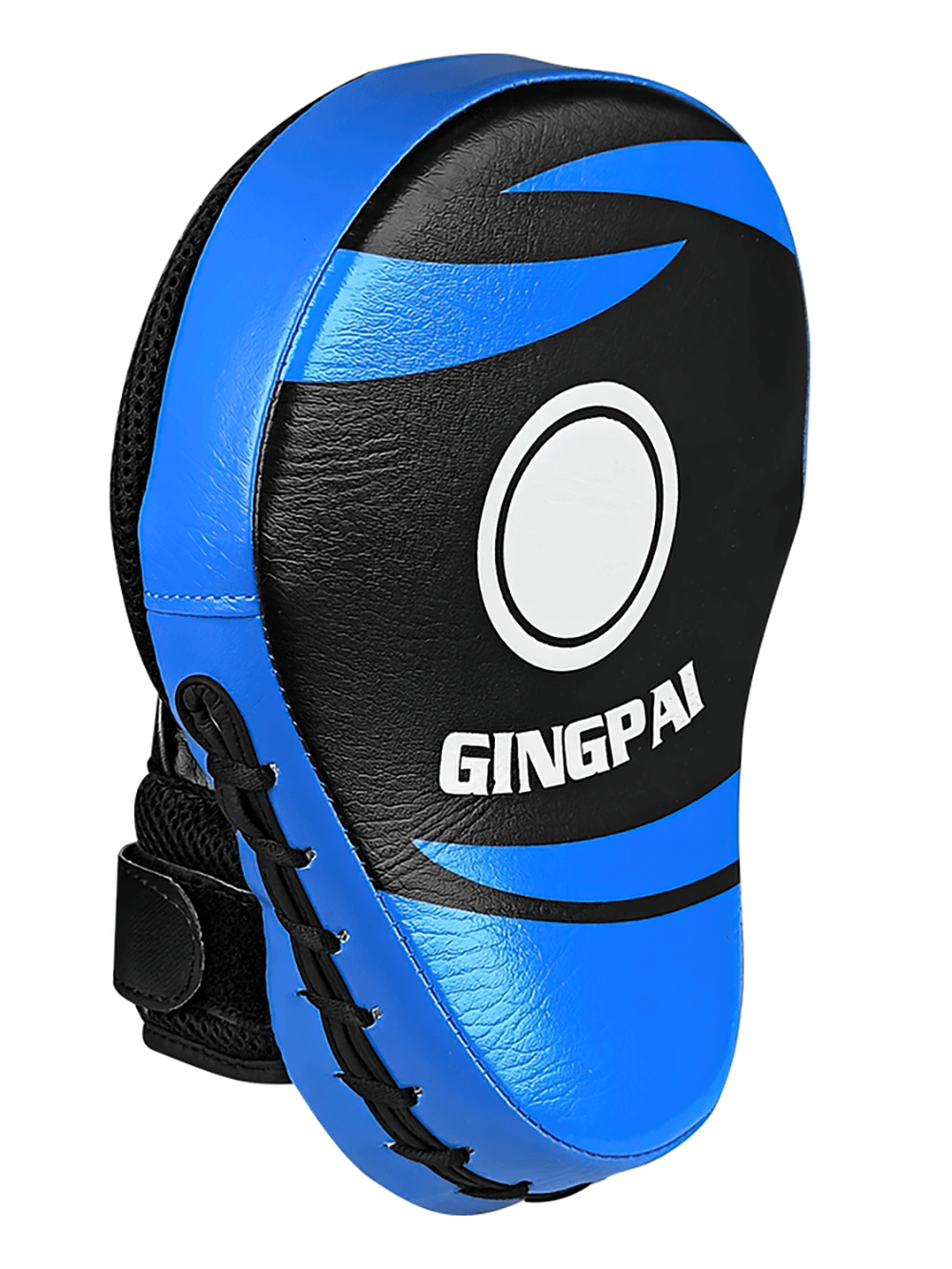Curved blue boxing focus mitt with wrist strap, PU leather for punching drills, featuring breathable back and reinforced stitching.