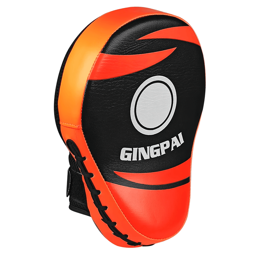 Curved orange boxing focus mitt with black PU leather, wrist strap, breathable back, designed for sparring and punch training.