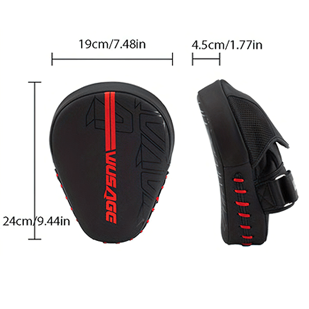 Curved boxing hand target pad SF2713 with ergonomic design, black PU leather, and red accents, perfect for combat training.