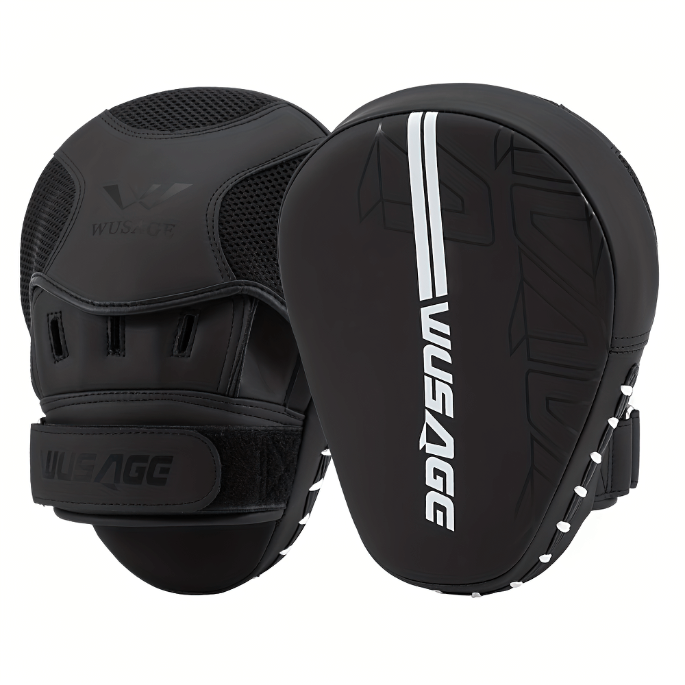 Black curved boxing hand target pad with ergonomic design and Velcro closure, ideal for boxing and MMA training sessions.