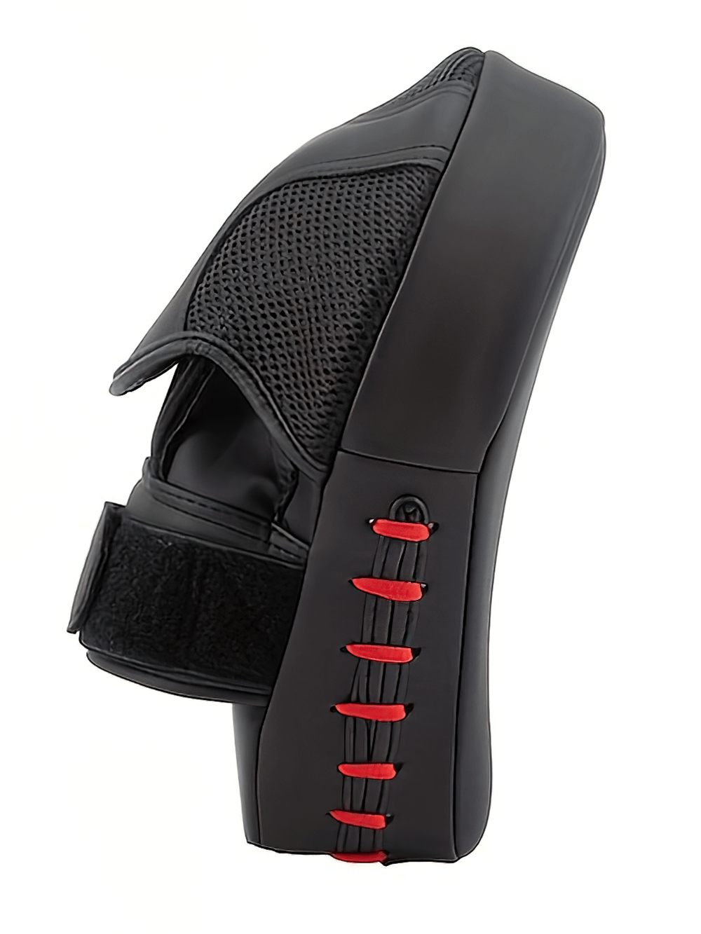 Curved boxing hand target pad SF2713 with Velcro closure, ideal for MMA and fitness training, made from durable black PU leather.