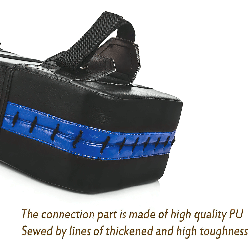 Leather boxing pad with blue trim, reinforced stitching, and ergonomic handle for martial arts training, model SF2712.