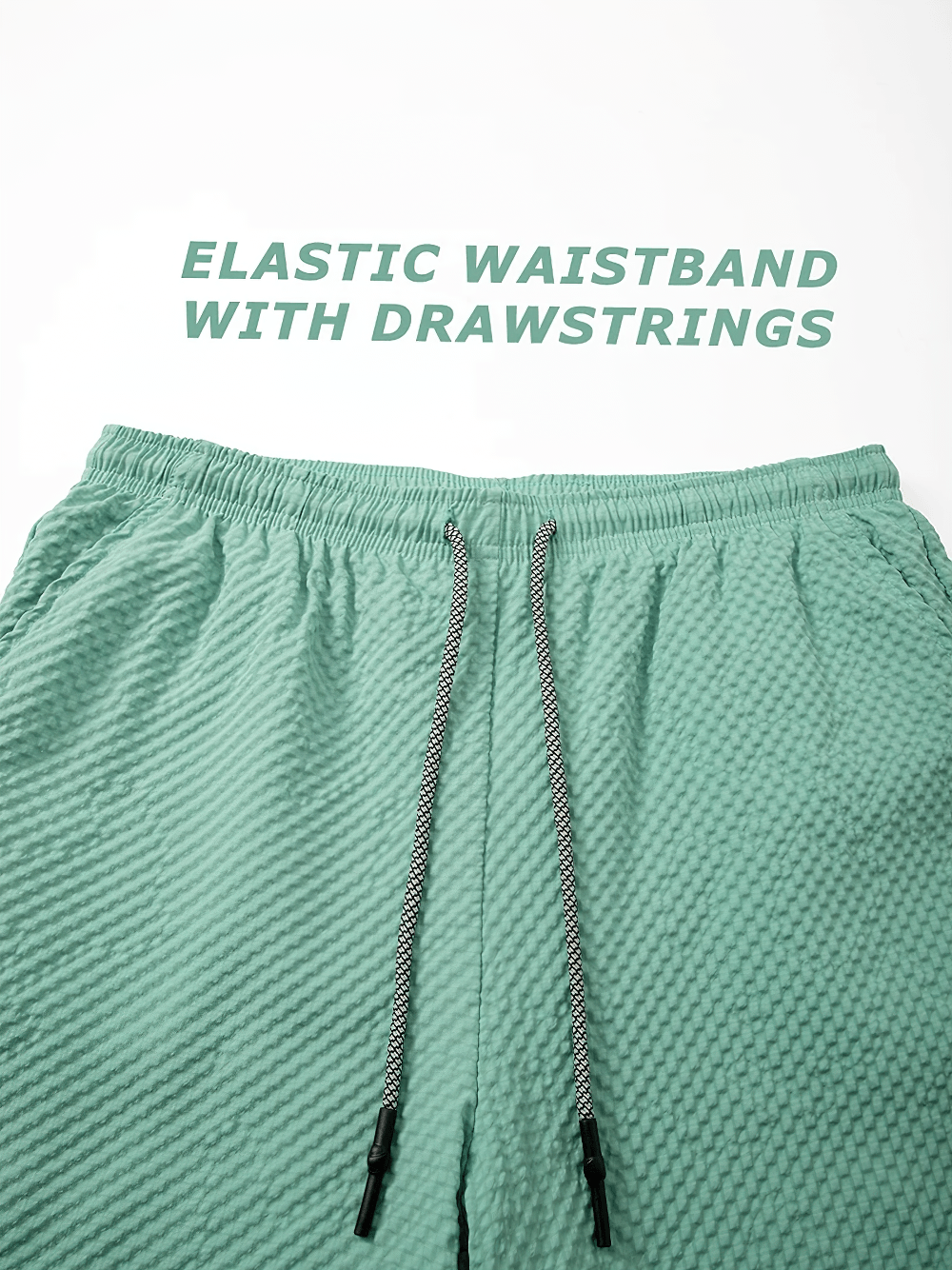 Alt Tag: 2-in-1 Swim Shorts with Phone Pocket And Towel Loop - SF4544 mint textured waistband close-up with adjustable drawstrings