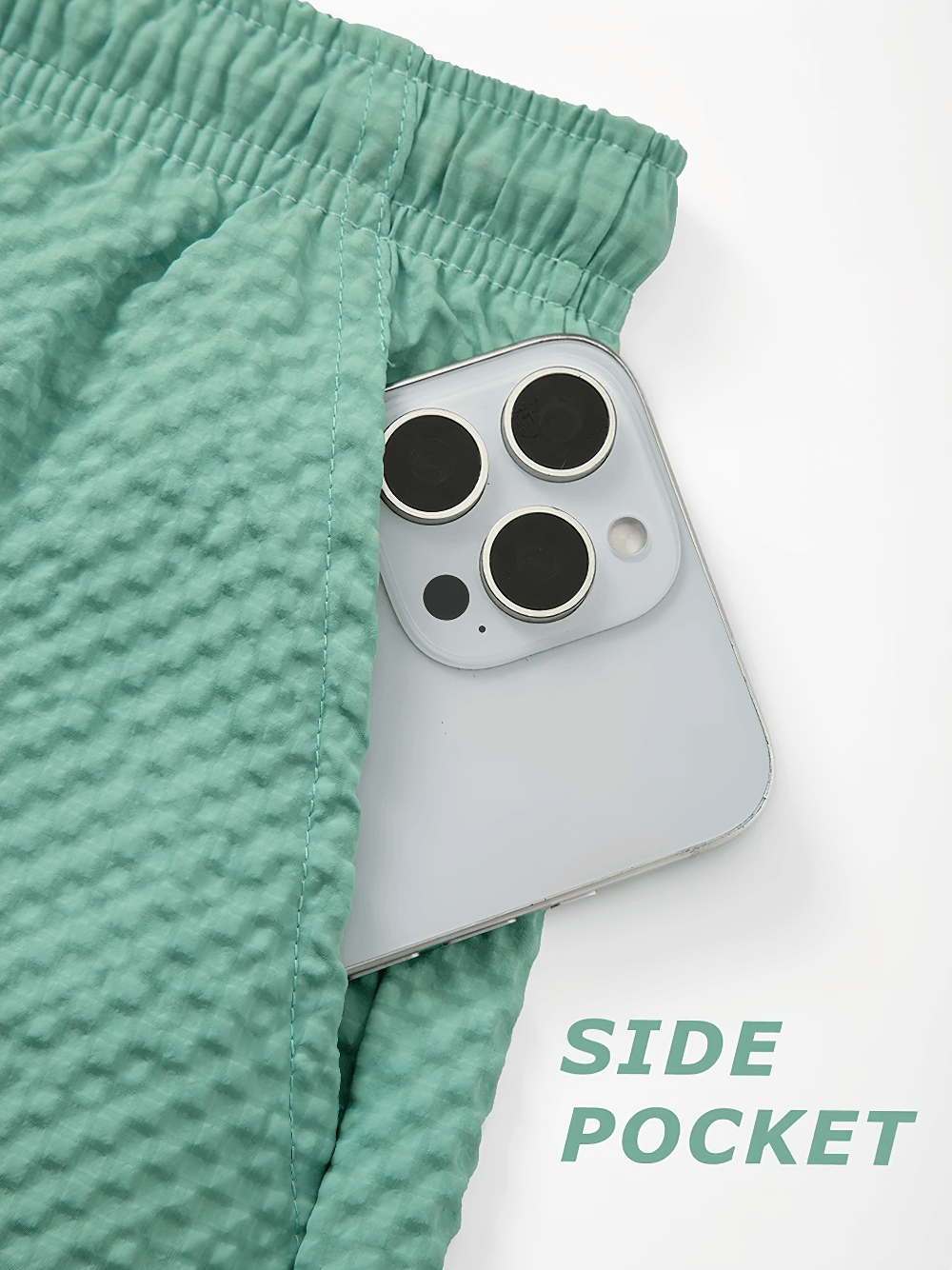 Alt Tag: 2-in-1 Swim Shorts with Phone Pocket And Towel Loop - SF4544 side pocket detail showing phone pocket in mint textured swim shorts