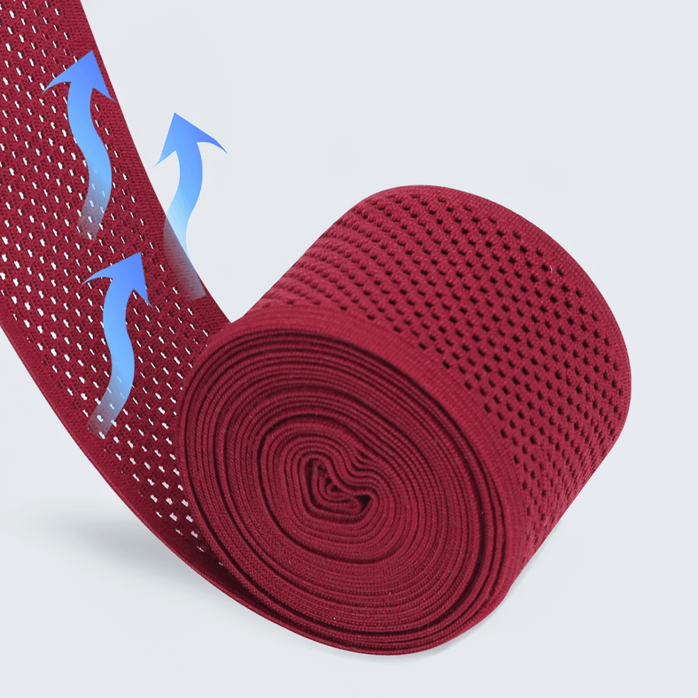 Red mesh boxing hand wrap roll showcasing breathability with blue arrows, perfect for training in kickboxing, Muay Thai, and MMA.