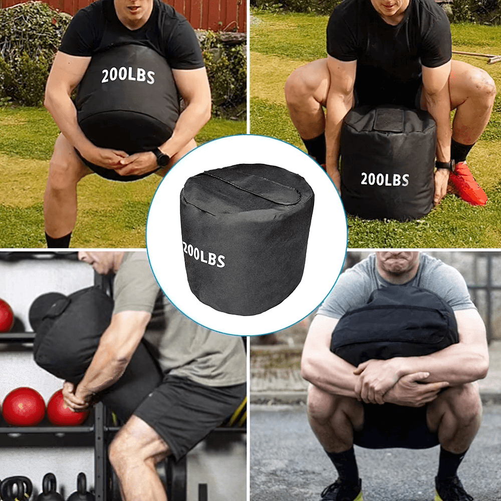 Collage of athletes using a 200lbs sandbag for functional strength training, powerlifting, and endurance workouts.