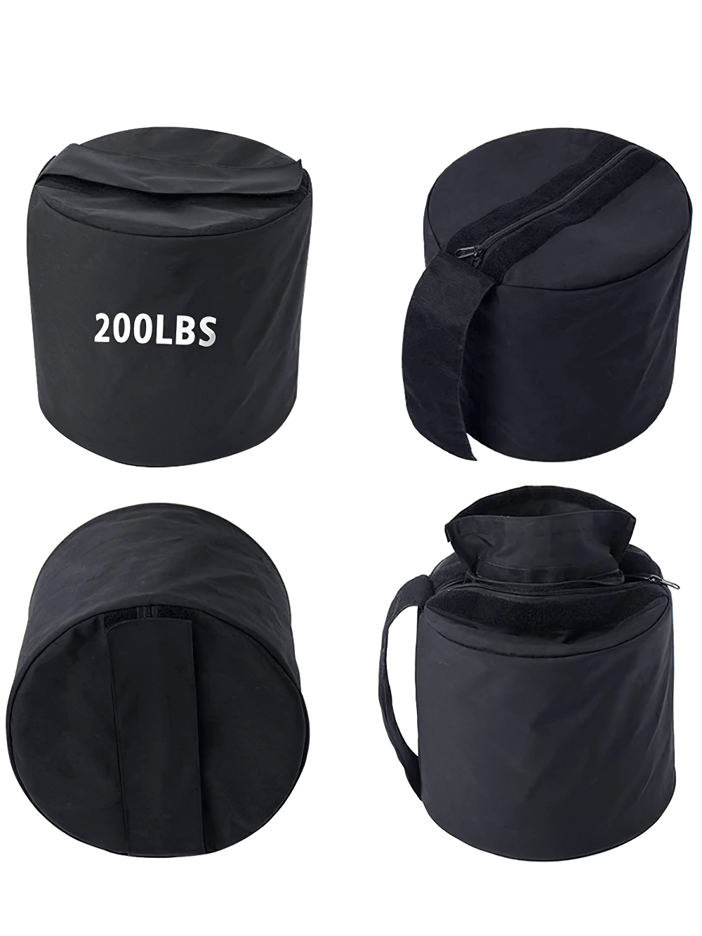 Four views of a 200lbs sandbag for functional strength training, featuring heavy-duty material and versatile straps.