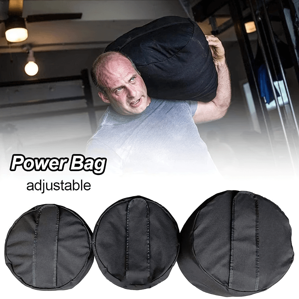 Man lifting heavy-duty sandbag for strength training, showcasing adjustable weight options below.