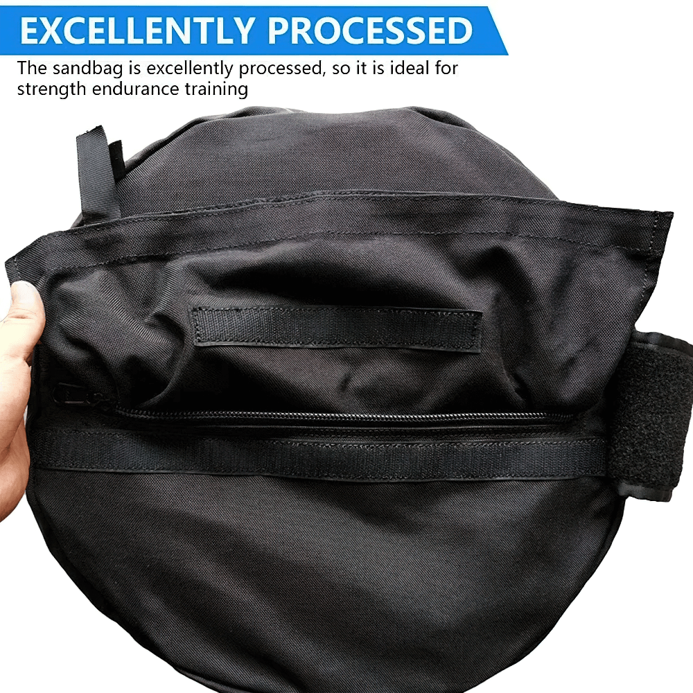 Heavy-duty black sandbag for strength training and powerlifting with a focus on durability and endurance workouts.