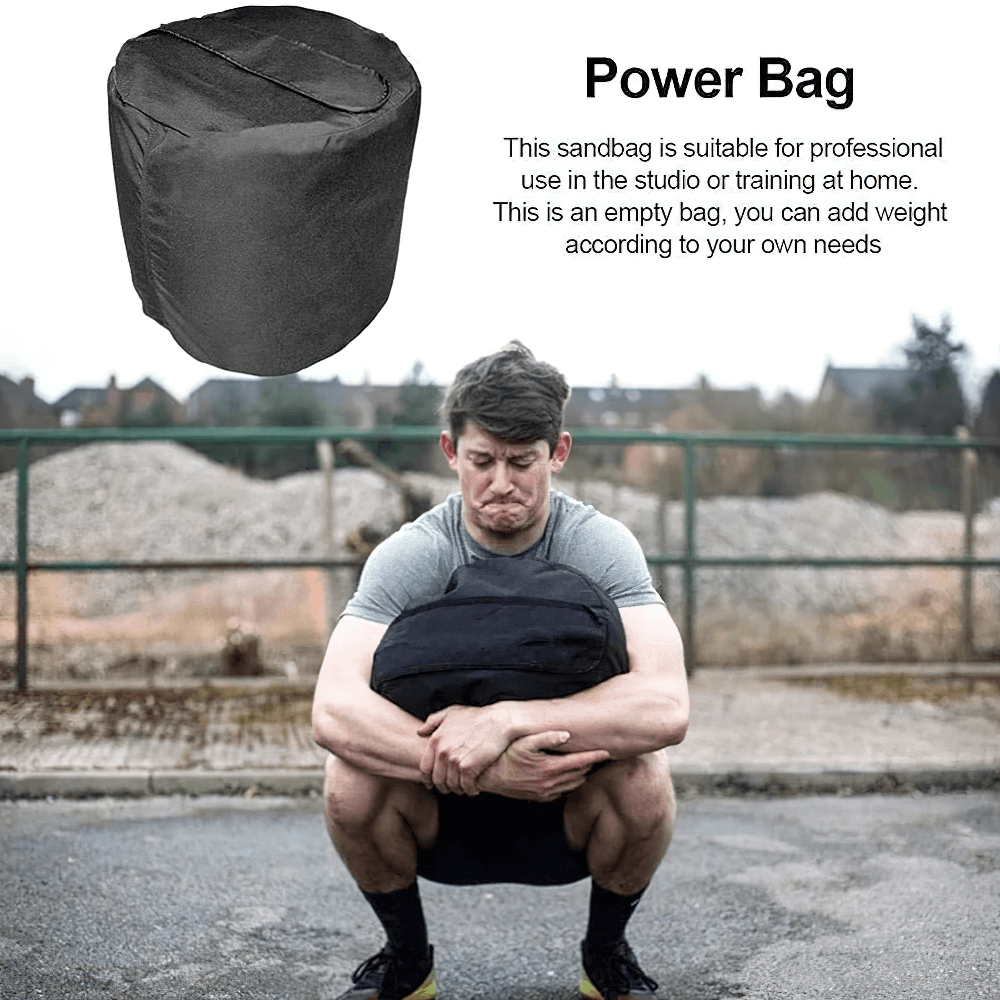 Man using 200lbs sandbag for functional strength training outdoors, emphasizing powerlifting versatility and durable design.