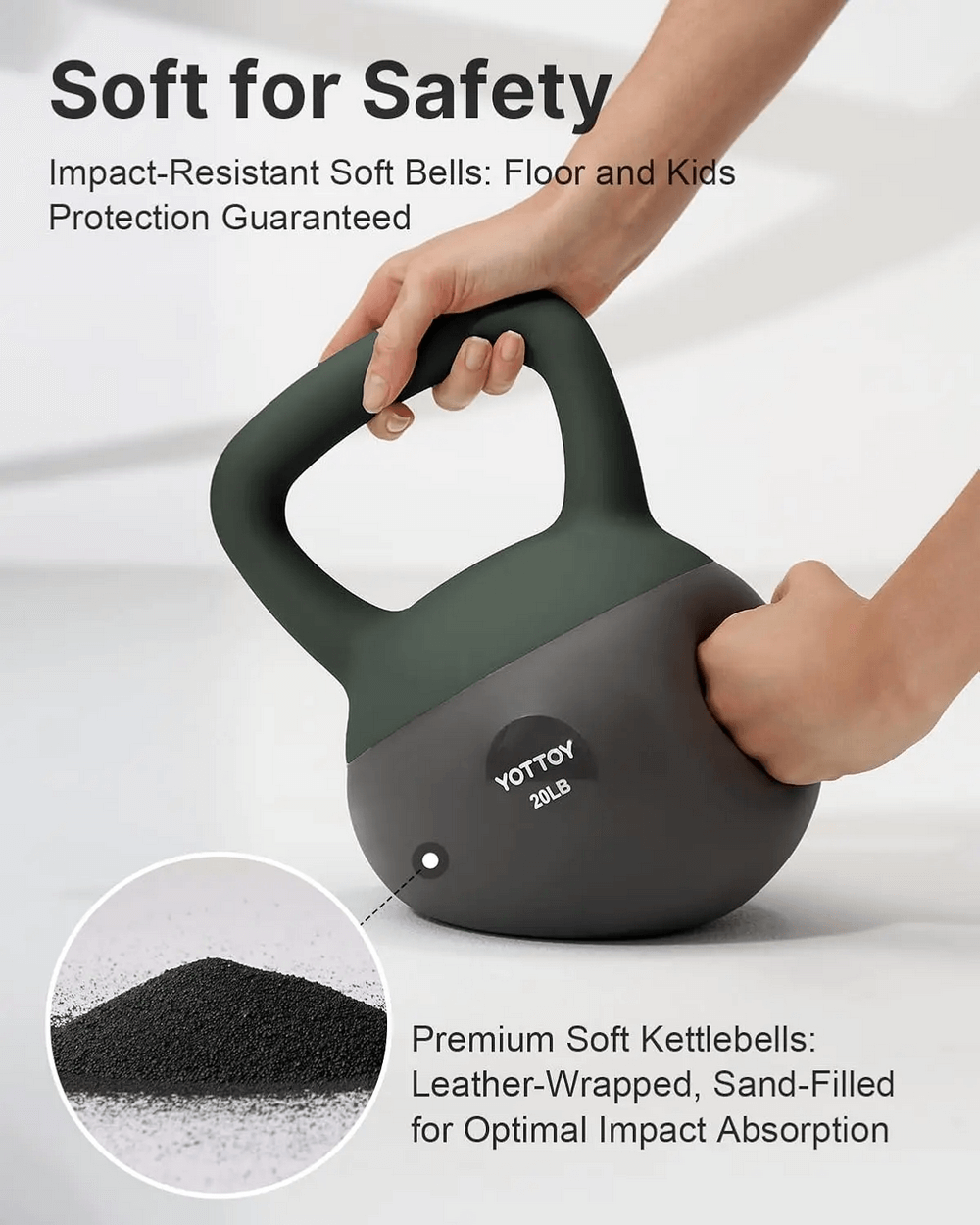 Person holding Yottoy 20LB soft kettlebell with cushioned base, ideal for home workouts and strength training. Impact-resistant for safety.