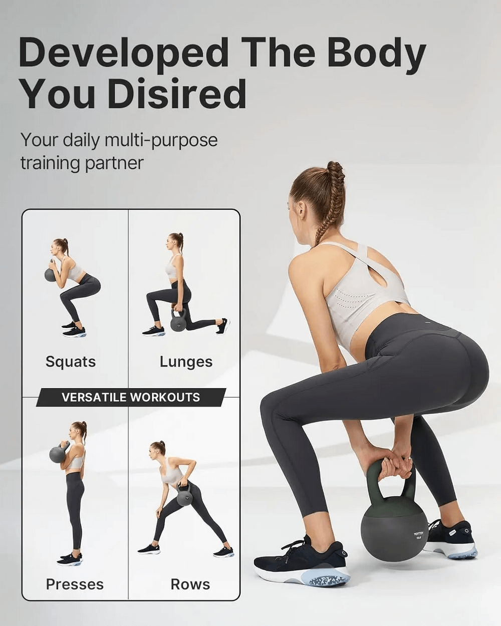 Woman demonstrating kettlebell exercises including squats, lunges, presses, and rows in a home workout setting.