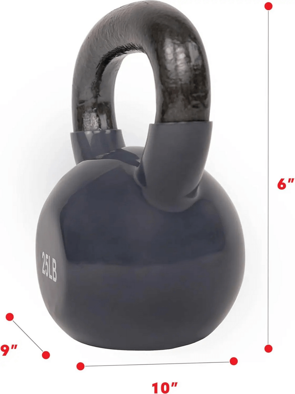 25LB Vinyl Coated Kettlebell with dimensions for strength training and cardio, durable and floor-friendly design.