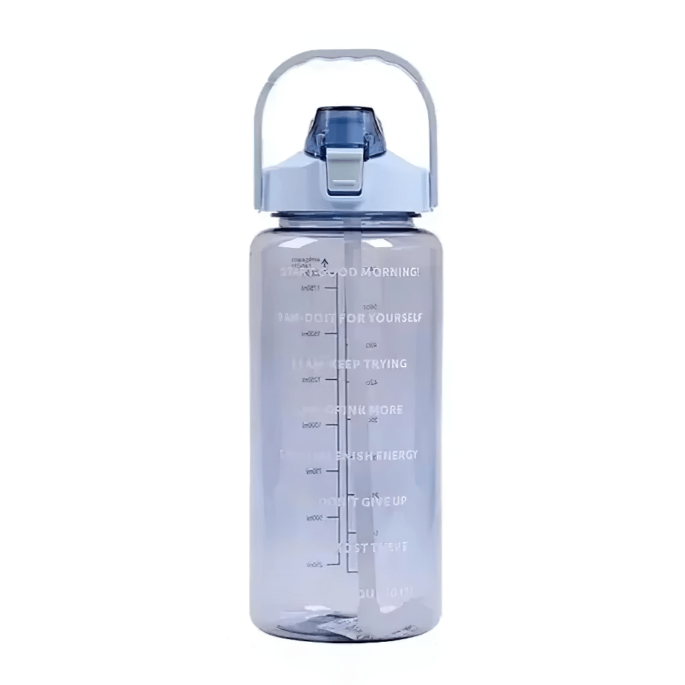 2L stylish sports water bottle with straw, featuring motivational time markers and sturdy handle for gym and outdoor activities.