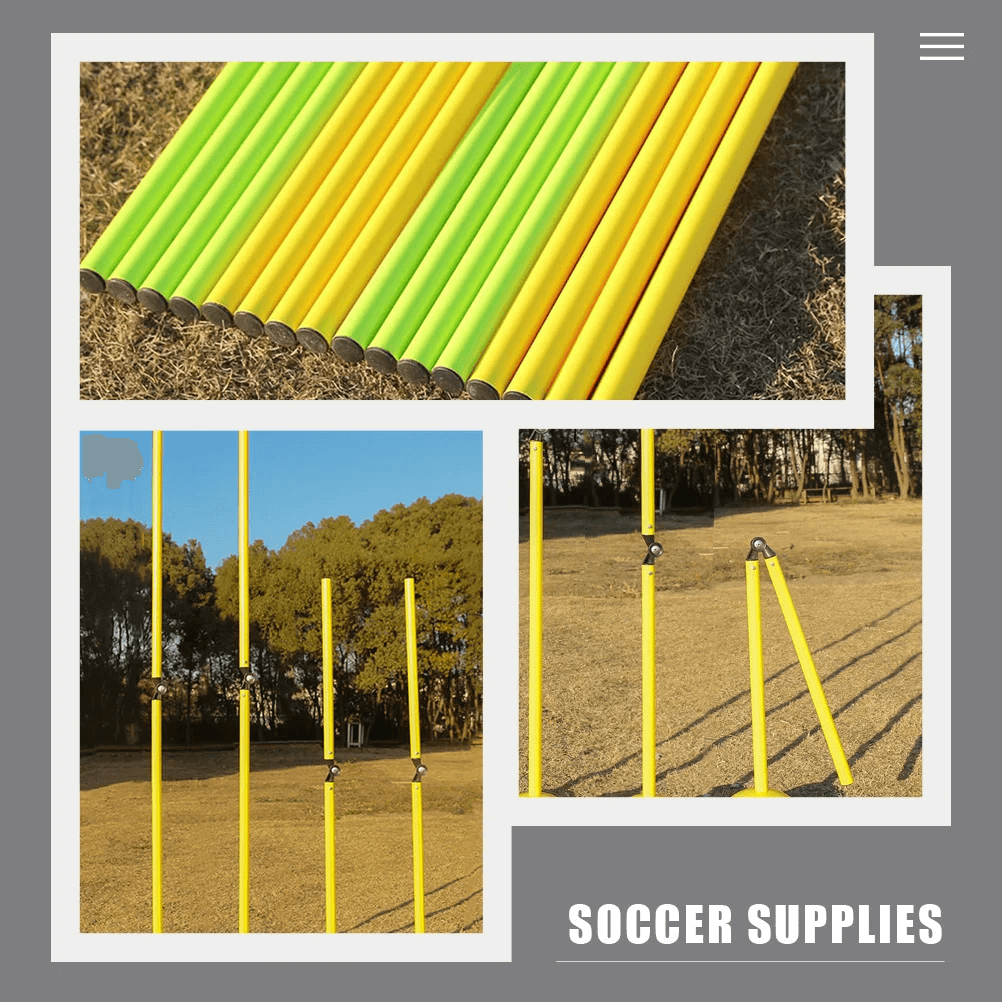 Adjustable yellow and green agility poles for soccer training outdoors on grass field.