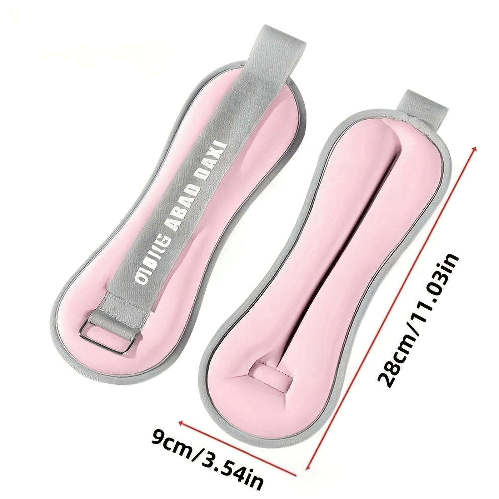 Pink adjustable ankle and wrist weights with dimensions for yoga and training.