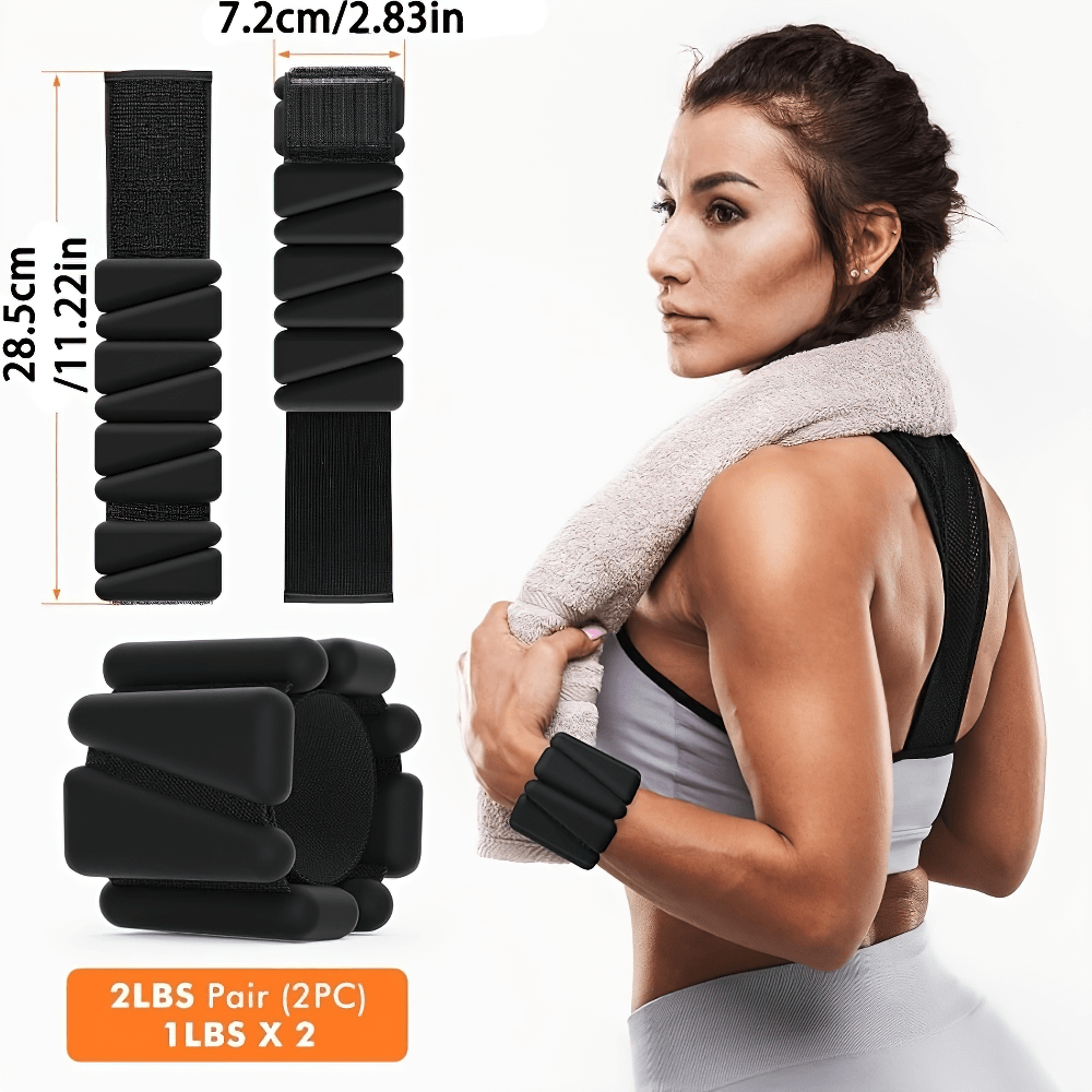 Woman using adjustable silicone wrist and ankle weights, SF2906, for strength training and yoga. Durable, sweat-resistant design.