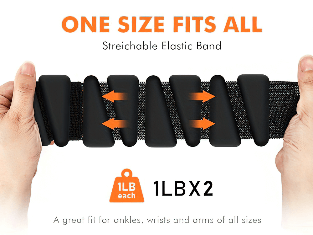 Adjustable silicone wrist and ankle weights with 1lb each, showcasing universal fit and stretchable elastic band.