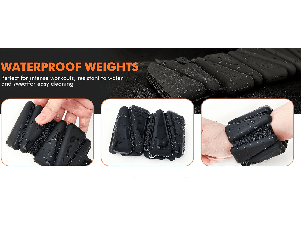 Black silicone wrist and ankle weights with water droplets, showcasing waterproof and sweat-resistant features for workouts.