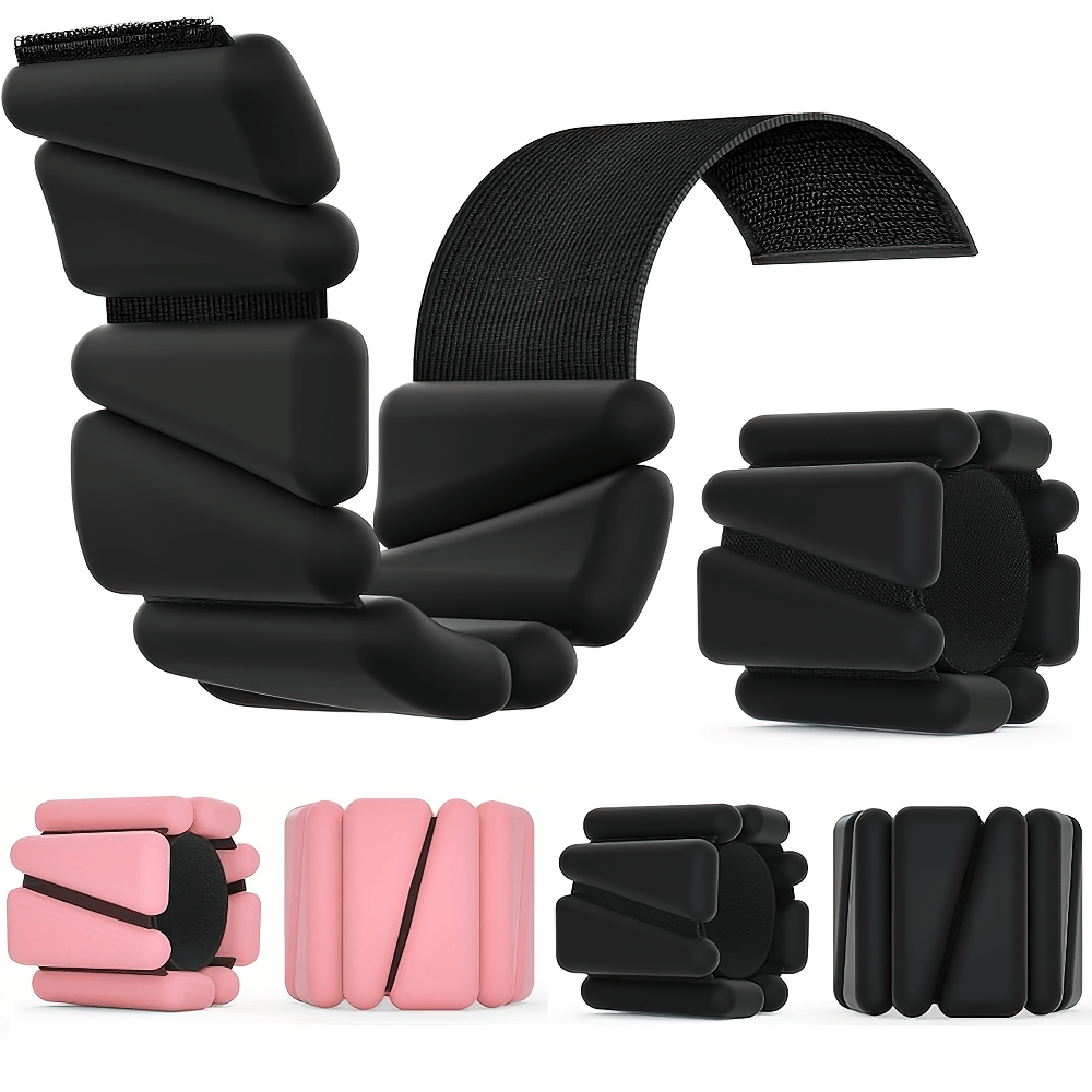 Adjustable silicone wrist and ankle weights in black and pink, perfect for yoga and running. Durable, 1lb each, with Velcro fasteners.