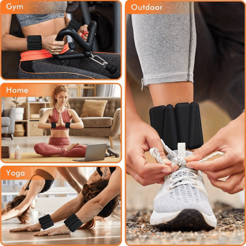 Alt Tag: Collage showcasing adjustable silicone wrist and ankle weights for gym, outdoor, home, and yoga fitness routines.