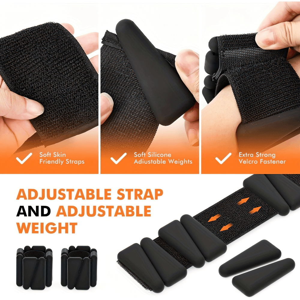 Adjustable silicone wrist and ankle weights with Velcro fastener, perfect for yoga, running, and home workouts. Weight: 1lb each, set of 2.