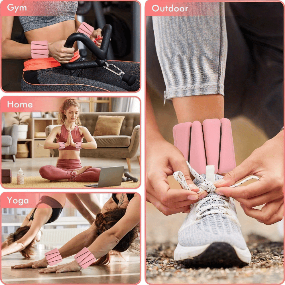 Collage showcasing uses of adjustable silicone wrist and ankle weights for gym, outdoor, home, and yoga workouts.