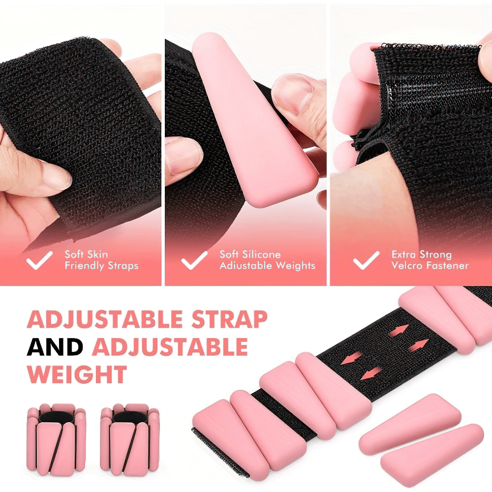 Adjustable silicone wrist and ankle weights with Velcro fastener, ideal for yoga and running. Secure, non-slip fit, pink color. SF2906.