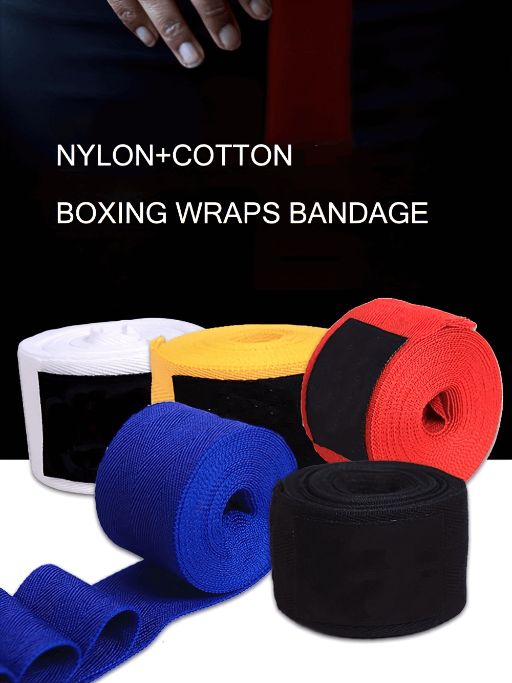 Colorful nylon-cotton boxing hand wraps for wrist support and protection, ideal for MMA and Muay Thai training.