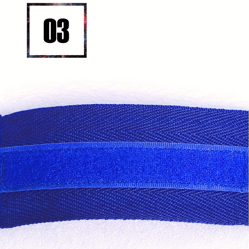 Close-up of blue boxing hand wrap with hook-and-loop closure for wrist support, perfect for Muay Thai and MMA training.