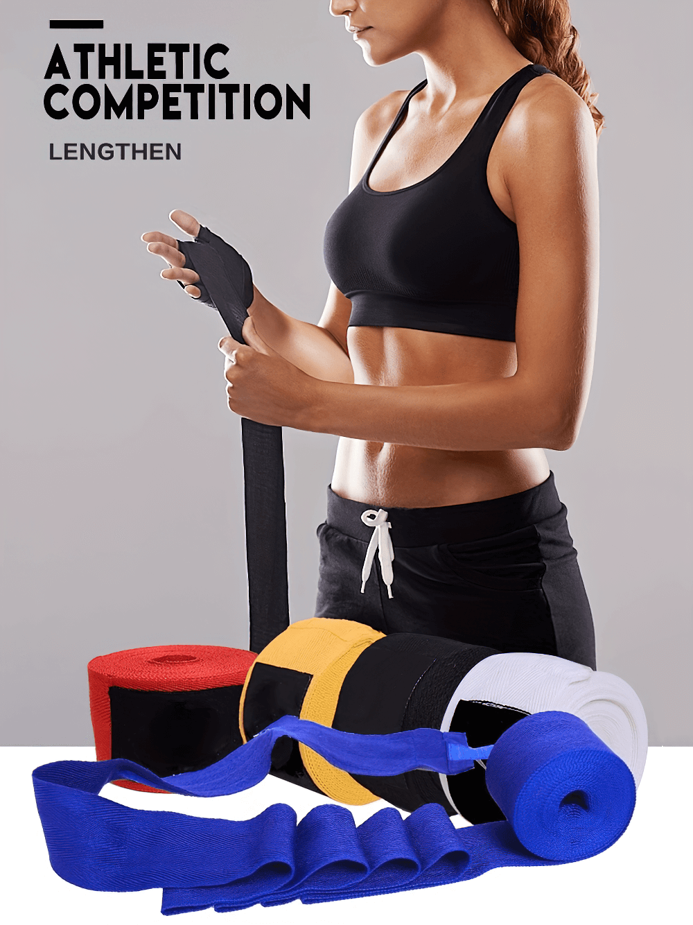 Woman wrapping wrists with colorful boxing and MMA hand wraps, featuring breathable and durable material for training support.