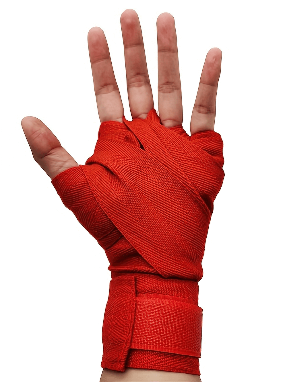 Red elastic boxing hand wrap for wrist and knuckle protection, ideal for Muay Thai and MMA training; shown on a hand ready for sparring.