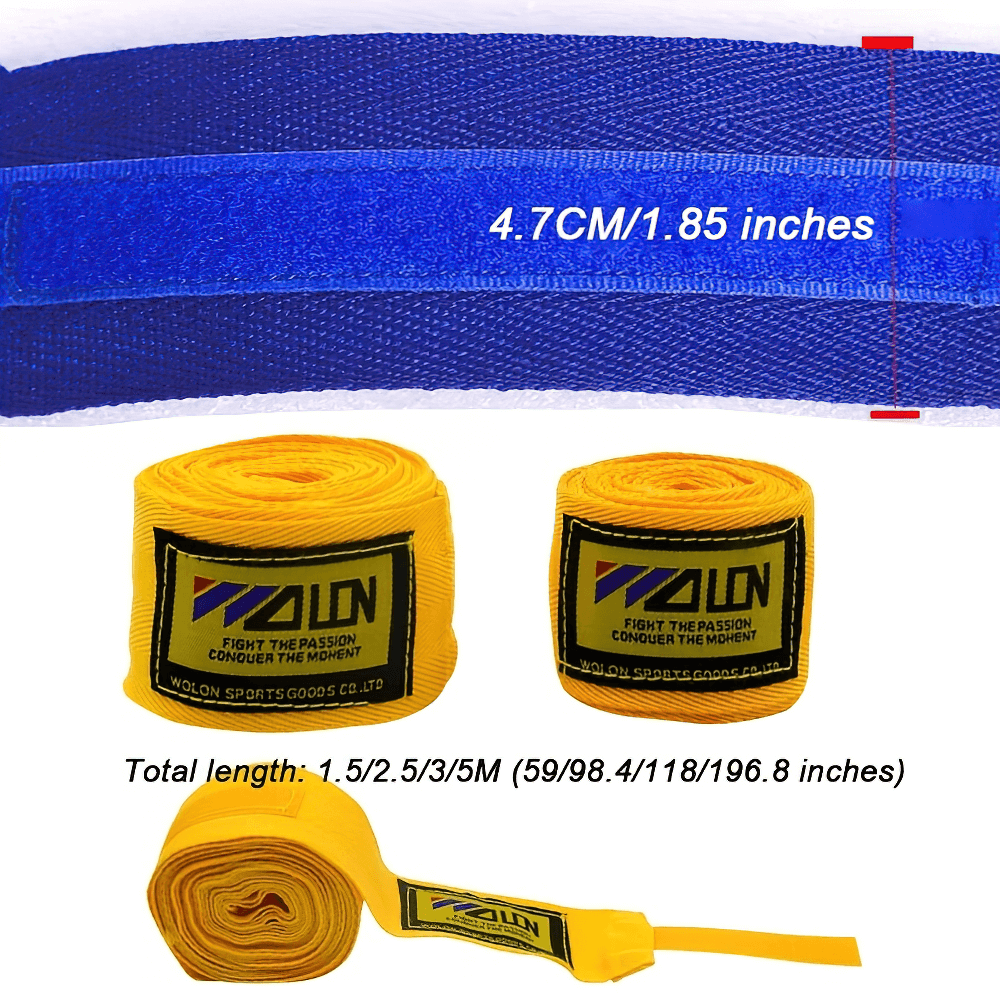 Elastic yellow boxing hand wraps with hook-and-loop closure, ideal for wrist support in Muay Thai and MMA training, 1.85 inches wide.