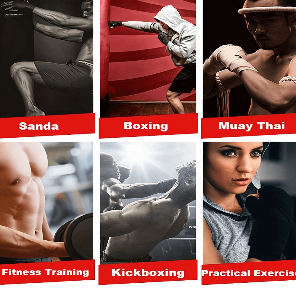 Collage of martial arts and fitness activities: Sanda, Boxing, Muay Thai, Fitness Training, Kickboxing, Practical Exercises.