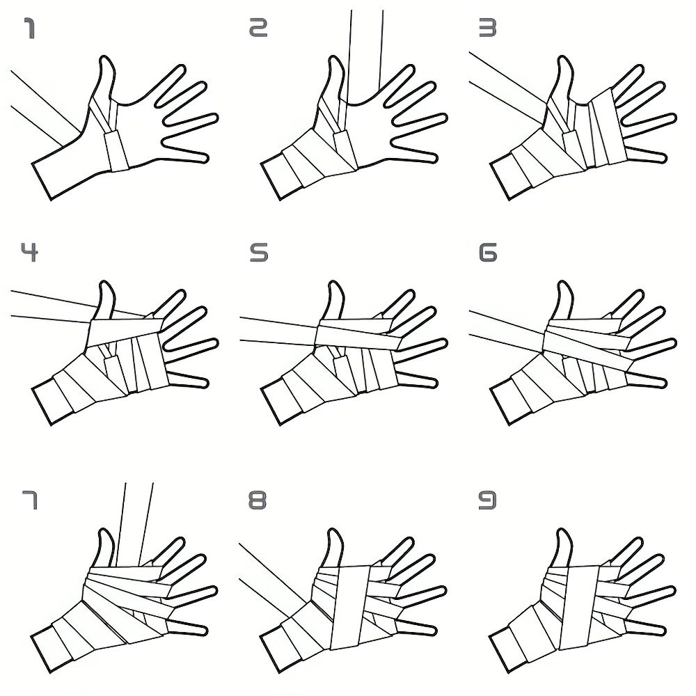 Step-by-step guide on wrapping hands for MMA and boxing, ensuring wrist and knuckle protection with elastic hand wraps.