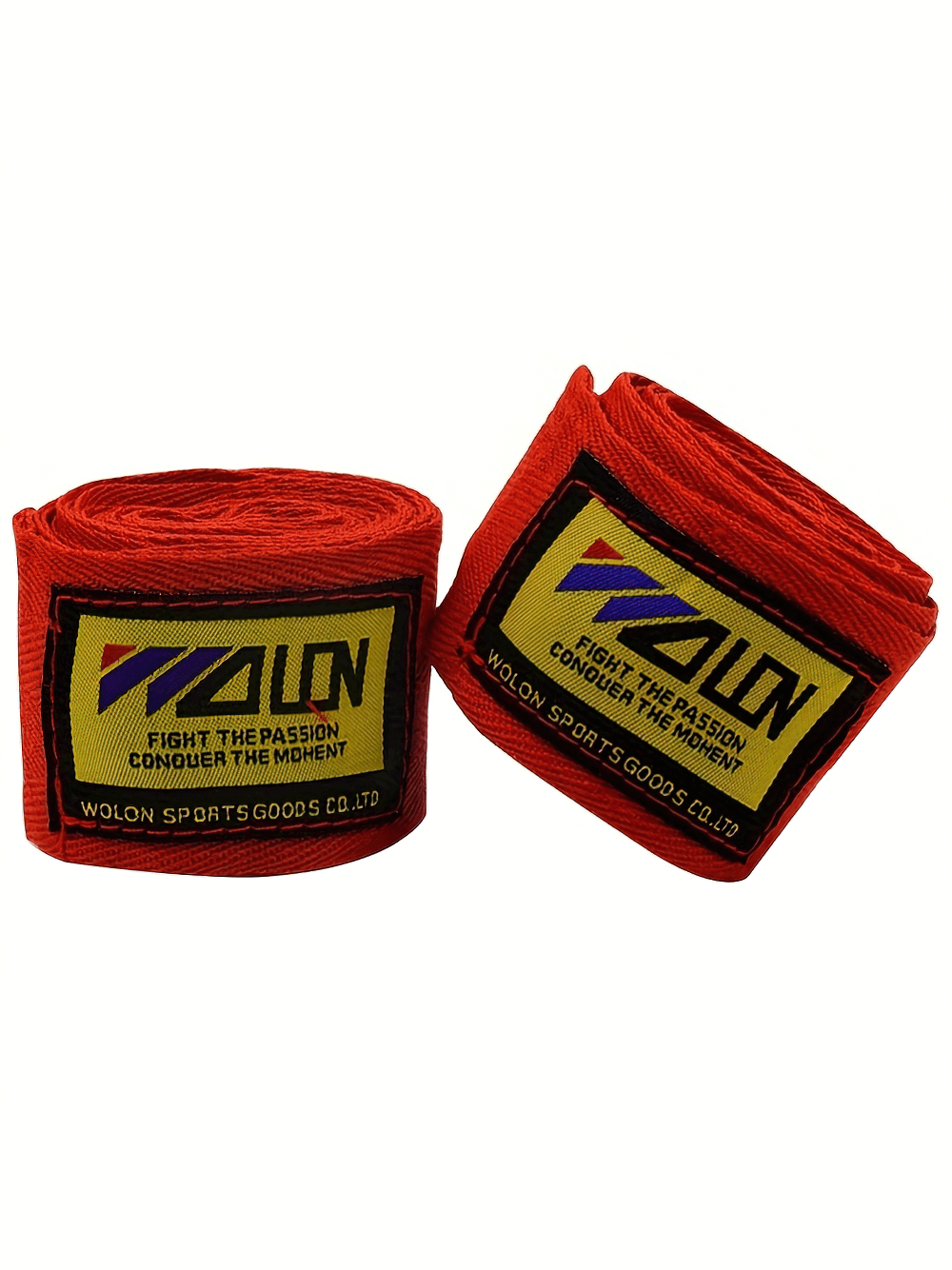 Red boxing and MMA hand wraps for wrist support, ideal for Muay Thai, kickboxing, and sparring with yellow logo patch.