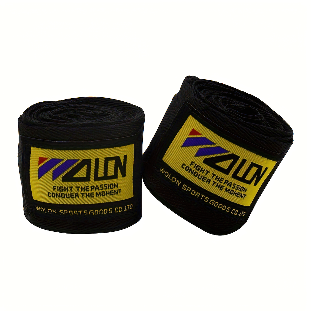 Pair of black MMA hand wraps with logo and yellow label for wrist support in boxing and Muay Thai.