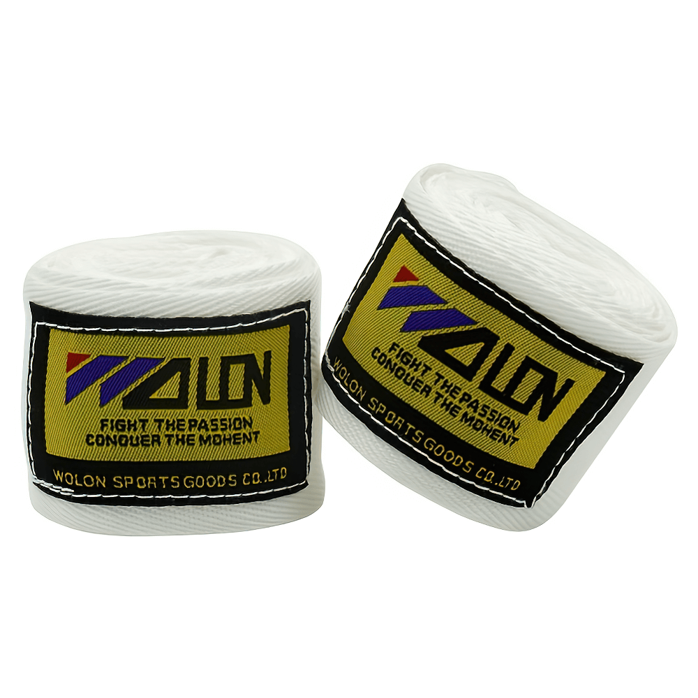 2Pcs white elastic boxing and MMA hand wraps for wrist support with brand logo.