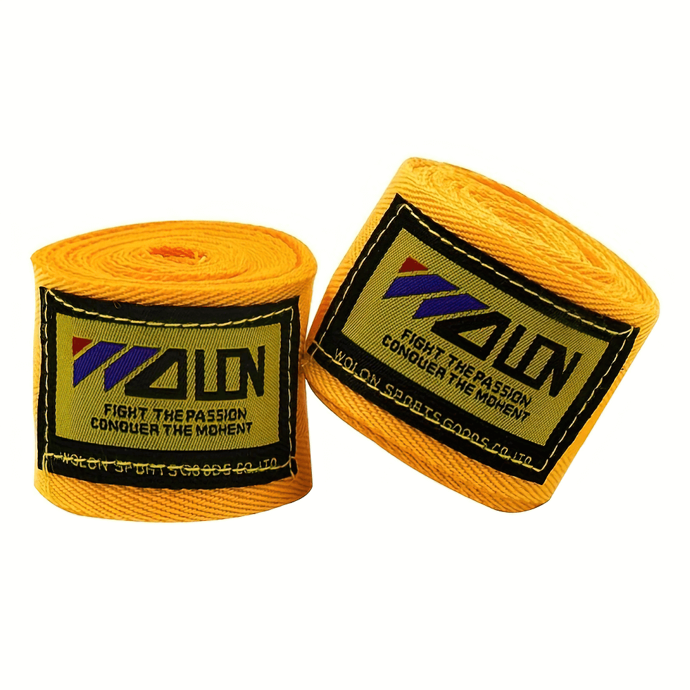 Yellow boxing and MMA hand wraps for wrist support, perfect for Muay Thai and kickboxing, featuring a secure hook-and-loop closure.