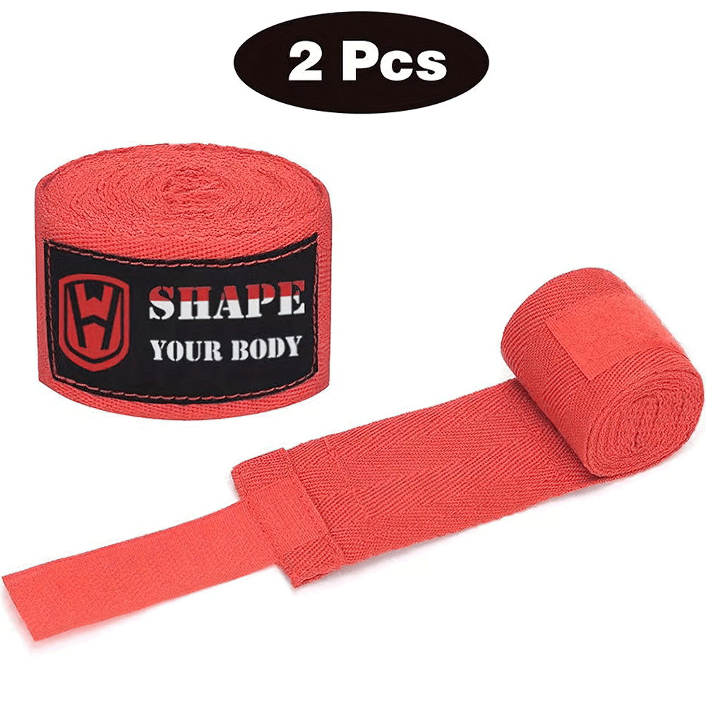 Red boxing hand wraps for wrist and fist support, featuring adjustable hook and loop closure. Perfect for boxing and kickboxing.