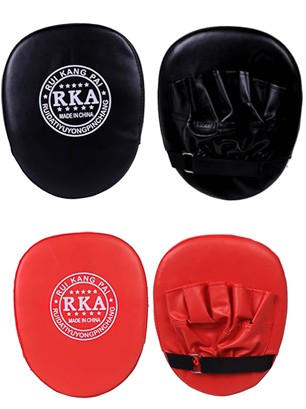 2Pcs RKA curved focus pads for boxing, black and red, ergonomic design for sparring drills, durable PU with reinforced stitching.