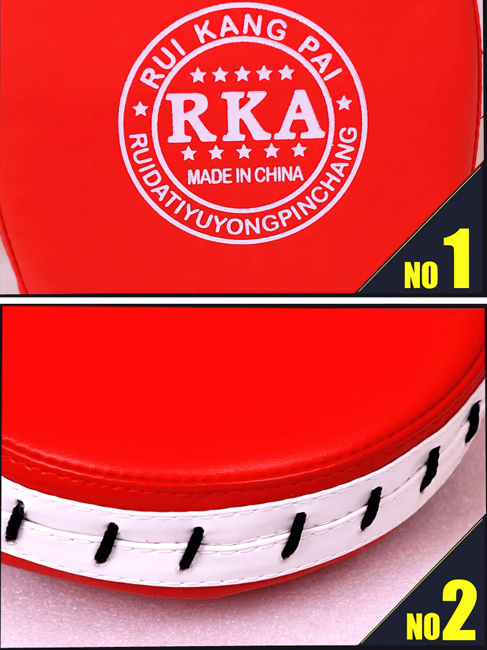 Red RKA curved boxing focus pads with reinforced stitching, ideal for punch training and sparring, featuring ergonomic design.