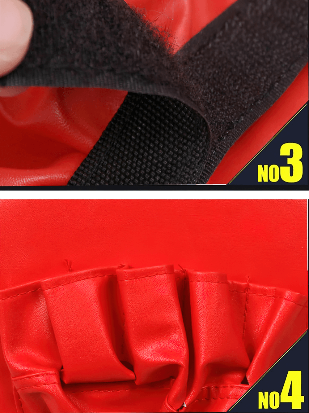 Close-up of red curved boxing focus pads with adjustable strap and ergonomic design, ideal for precision training.