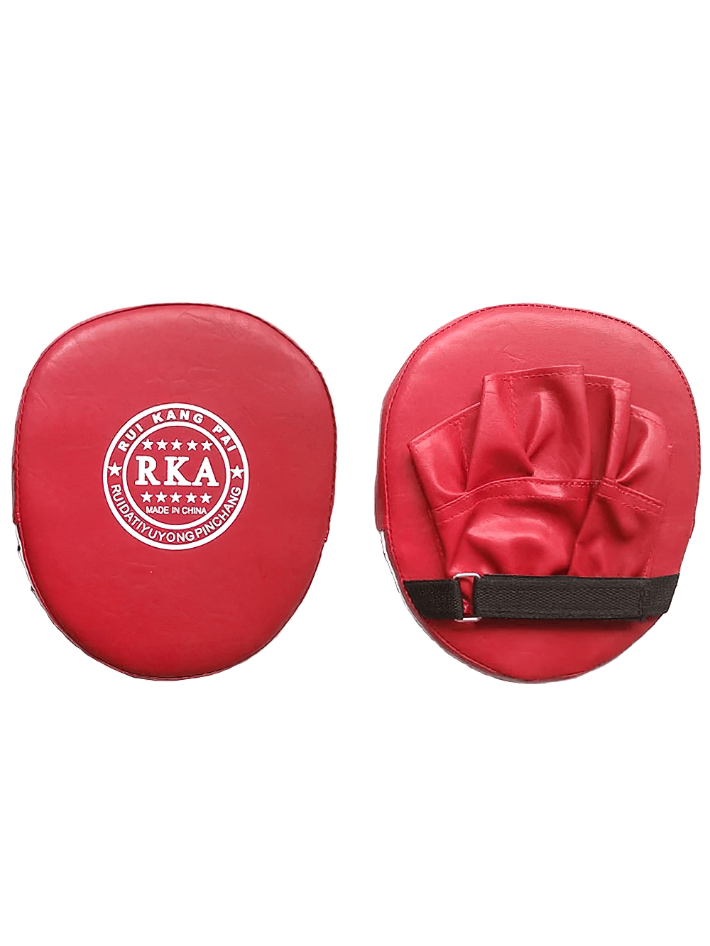 Red curved boxing focus pads with hand slots for punch training, featuring durable PU construction and ergonomic design.