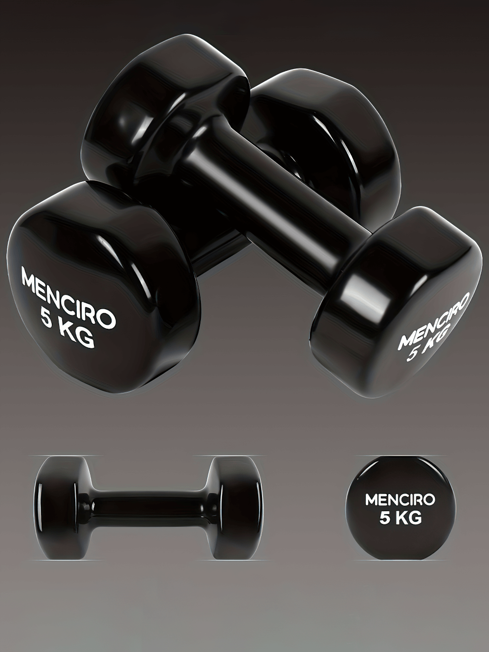 Durable 5kg fixed iron dumbbells with hexagonal design for strength training, shown in sleek black color.