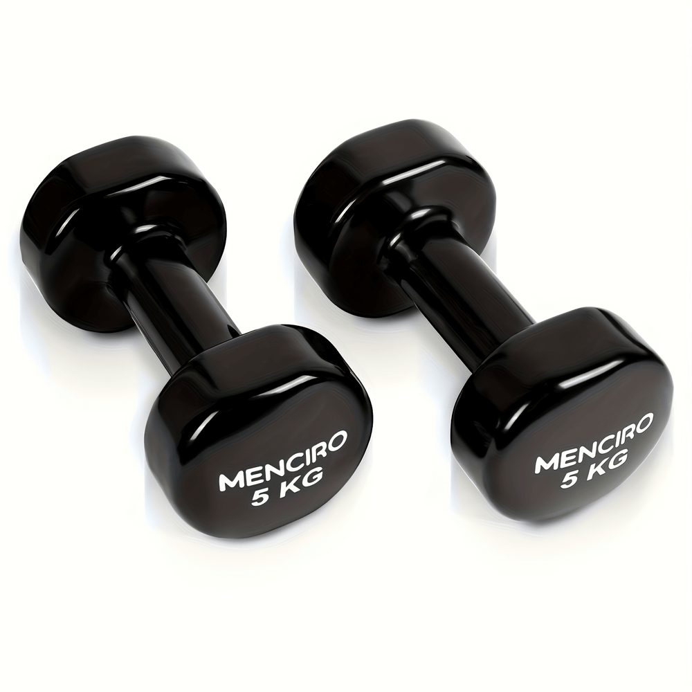 Pair of 5 kg black iron dumbbells for strength training with hexagonal ends to prevent rolling, ideal for home gym workouts.